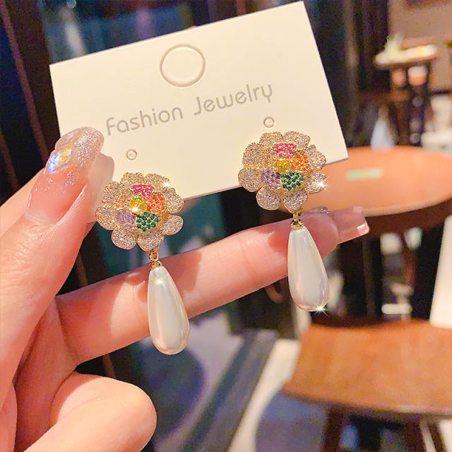 925 needle elegant cubic zircon flower pearl drop earrings