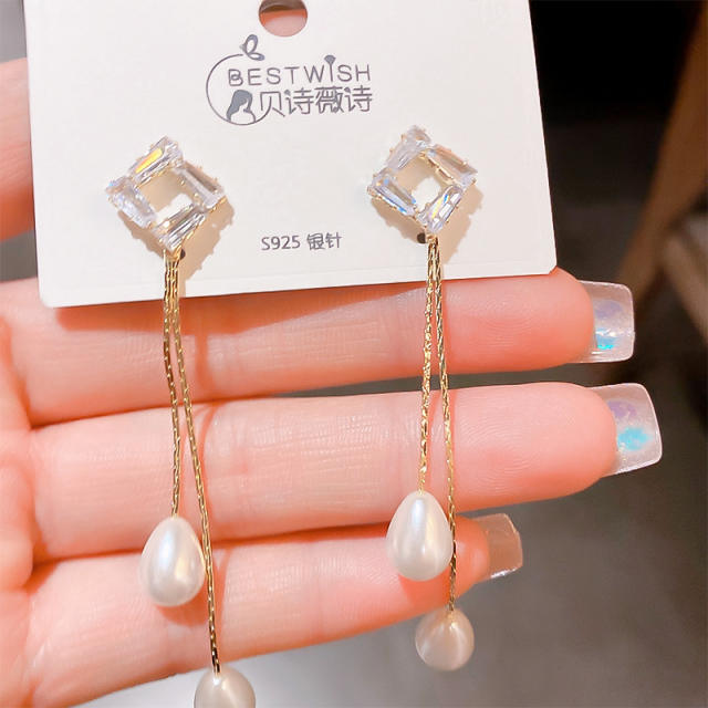 925 needle elegant pearl drop long earrings