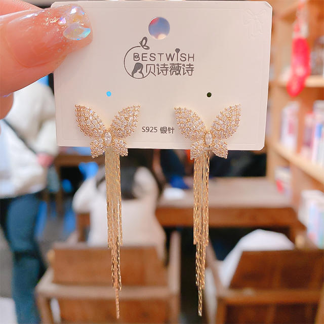 Korean fashion diamond butterfly chain tassel earrings
