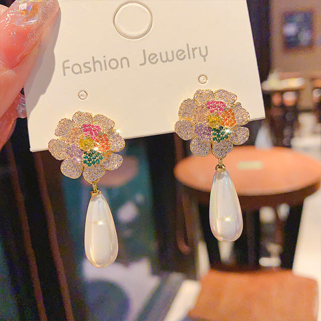 925 needle elegant cubic zircon flower pearl drop earrings