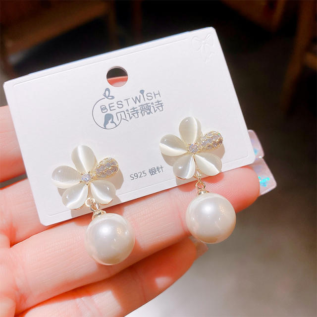 925 needle opal stone flower pearl drop earrings