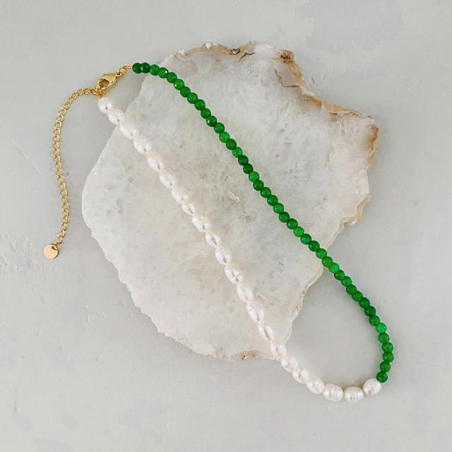 INS trend baroque pearl green crystal bead choker