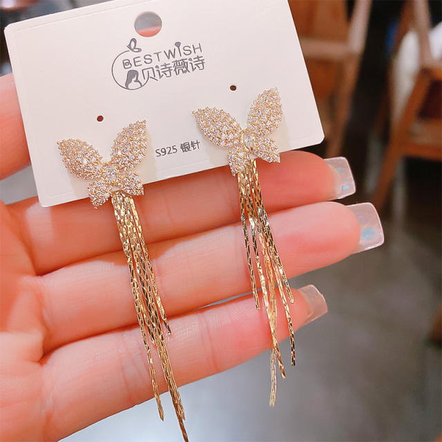 Korean fashion diamond butterfly chain tassel earrings