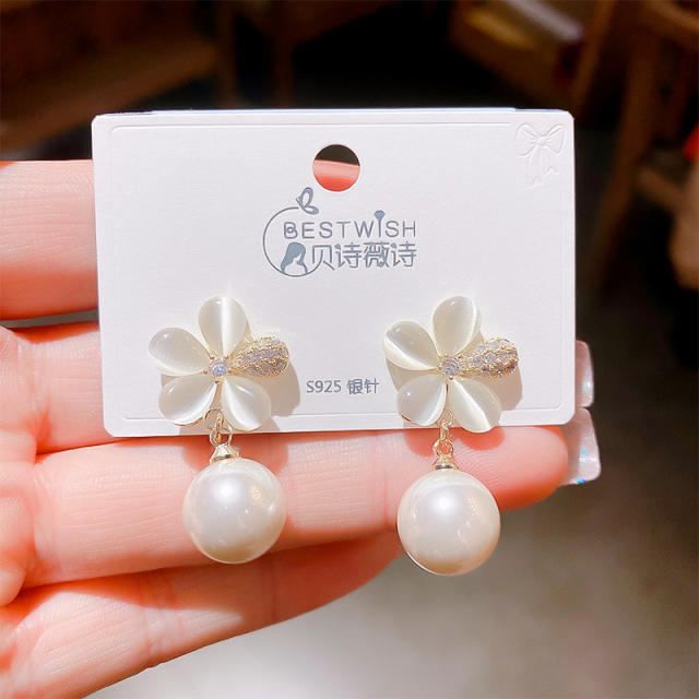 925 needle opal stone flower pearl drop earrings