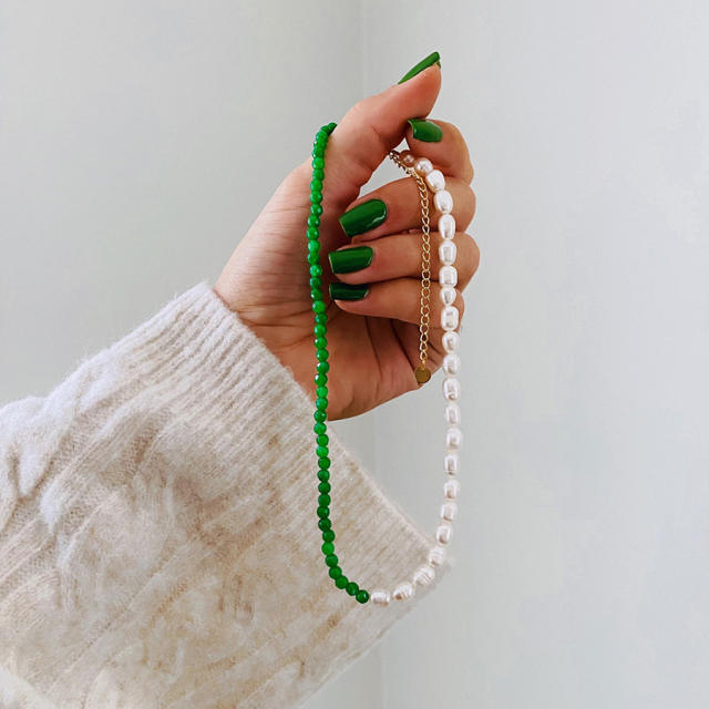 INS trend baroque pearl green crystal bead choker