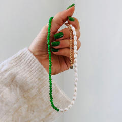 INS trend baroque pearl green crystal bead choker