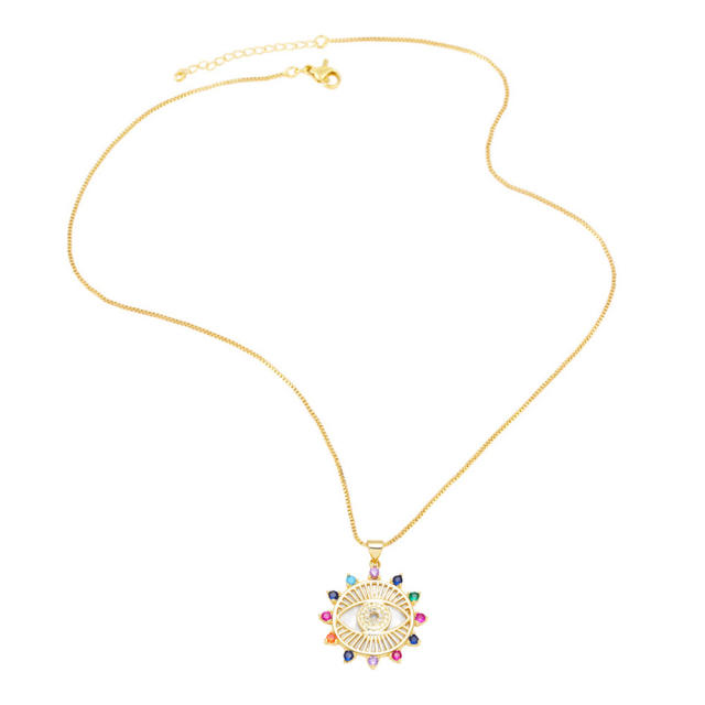 Amzon hot sale rainbow cubic zircon evil eye pendant copper necklace