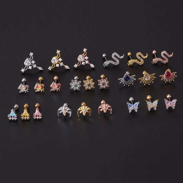 Color cubic zircon personality cartilage earrings(1pcs price)