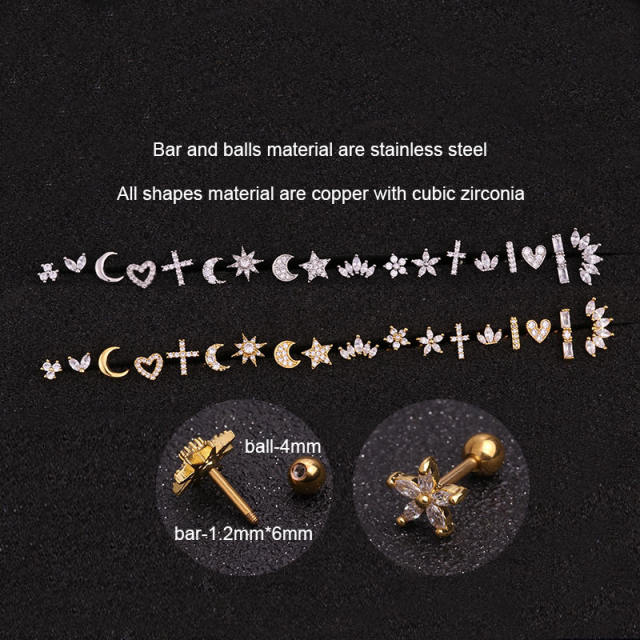 Elegant cubic zircon copper cartilage earrings(1pcs price)