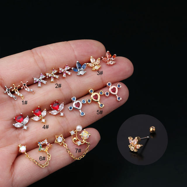 Color cubic zircon personality cartilage earrings(1pcs price)