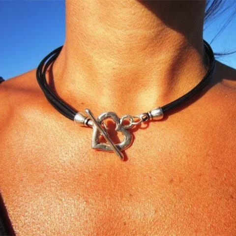Boho vintage silver heart PU leather black choker