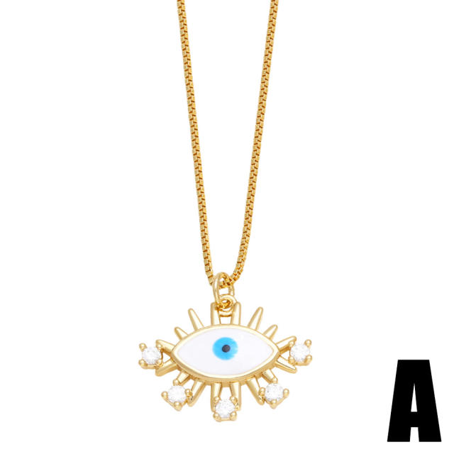 Amzon hot sale rainbow cubic zircon evil eye pendant copper necklace