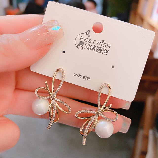 925 needle gold plated bow pearl studs earrings