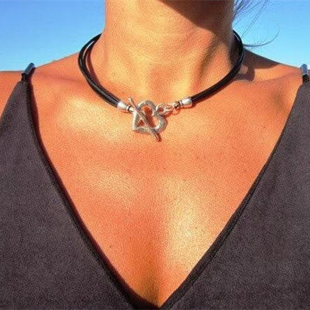 Boho vintage silver heart PU leather black choker
