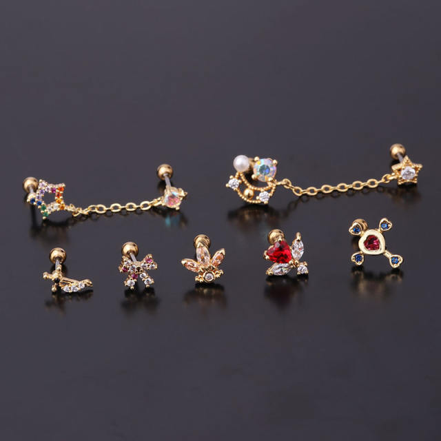 Color cubic zircon personality cartilage earrings(1pcs price)