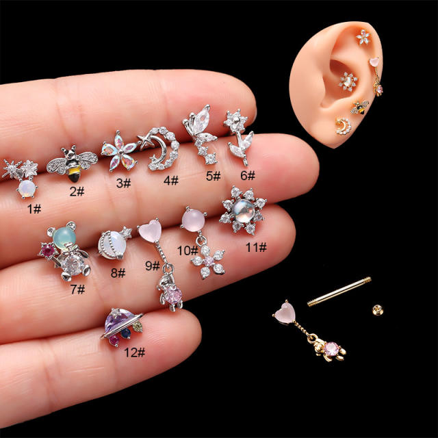 Korean fashion color cubic zircon cartilage earrings(1pcs price)