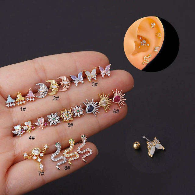 Color cubic zircon personality cartilage earrings(1pcs price)