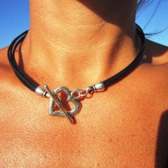 Boho vintage silver heart PU leather black choker