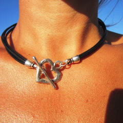 Boho vintage silver heart PU leather black choker