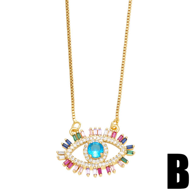 Amzon hot sale rainbow cubic zircon evil eye pendant copper necklace