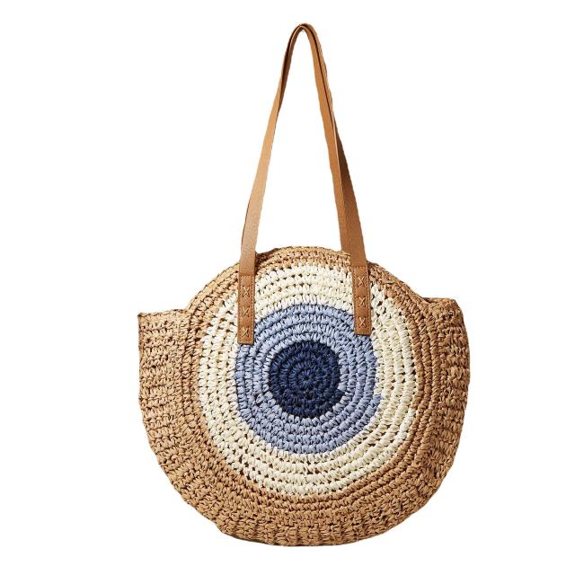 Color matching evil eye pattern straw beach bag
