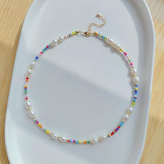 INS trend baroque pearl color seed bead choker necklace