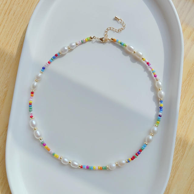 INS trend baroque pearl color seed bead choker necklace