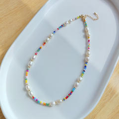 INS trend baroque pearl color seed bead choker necklace
