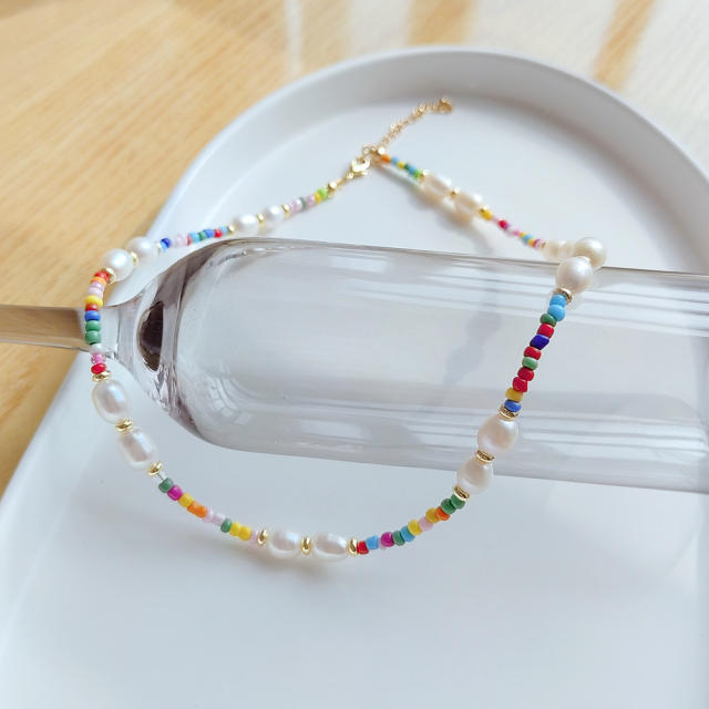 INS trend baroque pearl color seed bead choker necklace