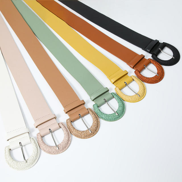 Vintage plain color PU leather buckle belt