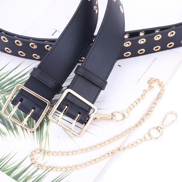 Punk trend gold color chain PU leather belt