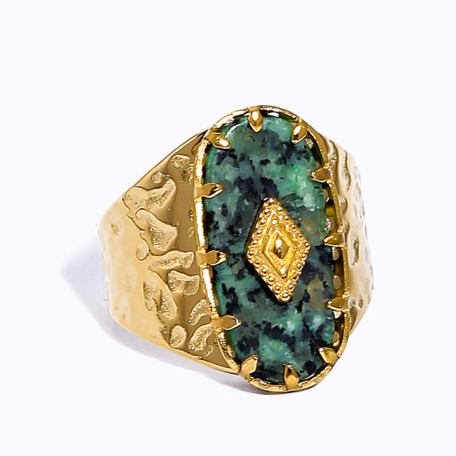 18K green color natural stone statement stainless steel rings