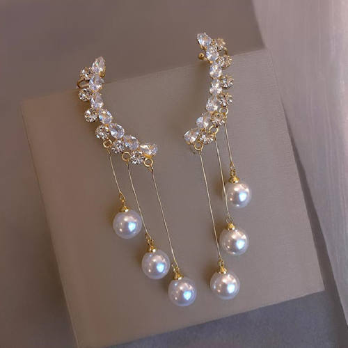 925 needle elegant cubic zircon pearl tassel earrings