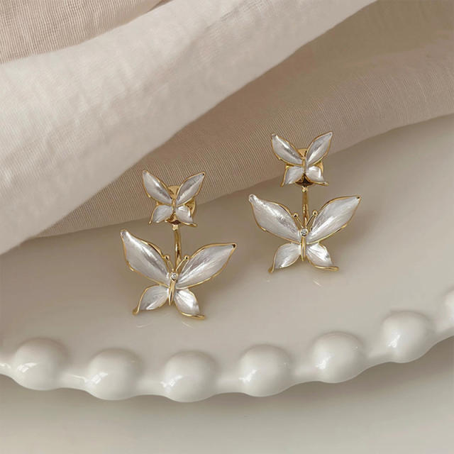 Elegant enamel white butterfly jacket earrings