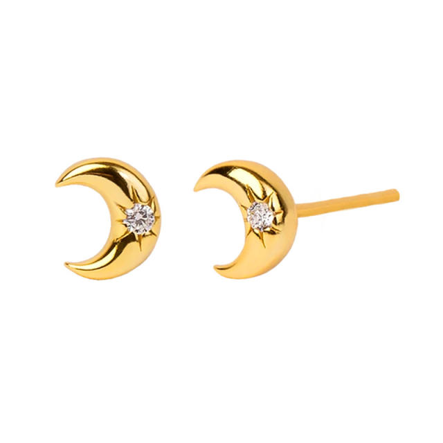 925 needle cubic zircon gold plated copper moon studs earrings