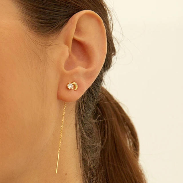 925 needle cubic zircon gold plated copper moon studs earrings