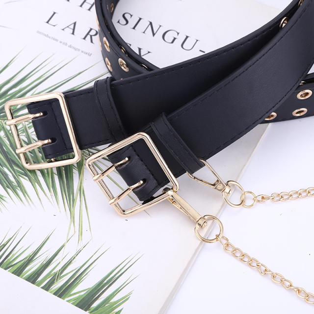 Punk trend gold color chain PU leather belt
