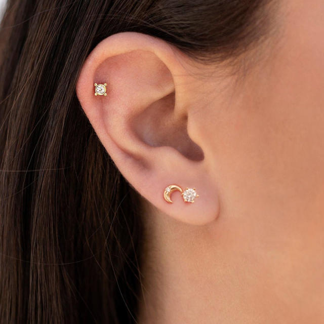 925 needle cubic zircon gold plated copper moon studs earrings