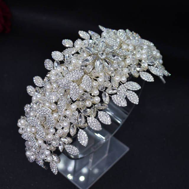 Handmade luxury pearl rhinestone flower wedding headband set