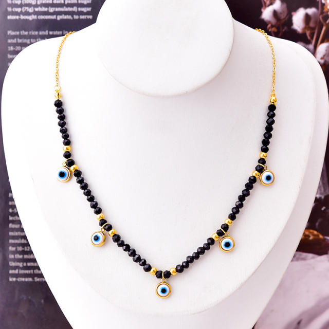 Black bead evil eye stainless steel necklace