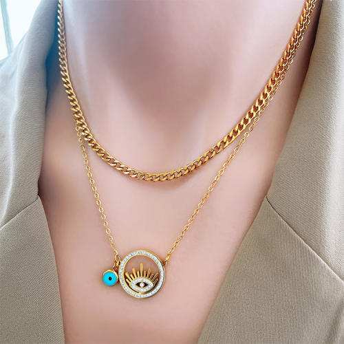 Vintage two layer round evil eye stainless steel necklace
