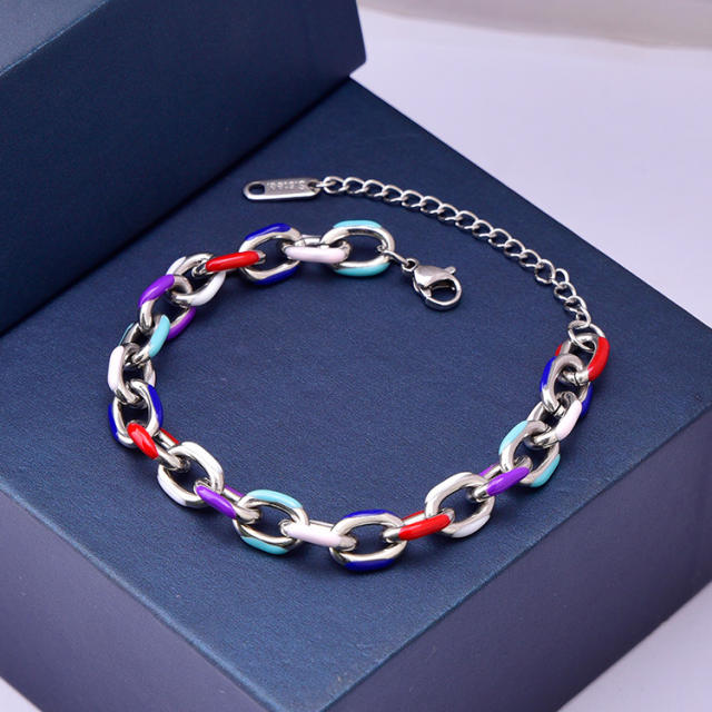 Hiphop colorful enamel stainless steel chain bracelet