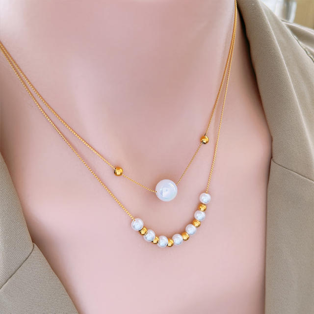 Korean fashion two layer pearl bead stainless steel necklace