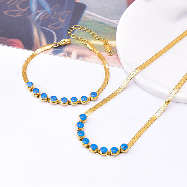 Elegant blue eye bead snake chain stainless steel necklace set