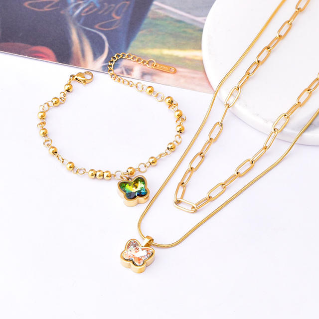 18K cubic zircon butterfly charm stainless steel necklace set