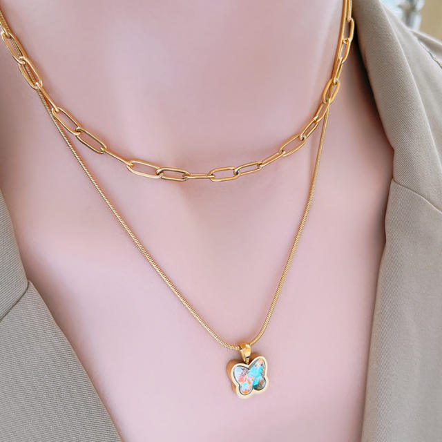 18K cubic zircon butterfly charm stainless steel necklace set