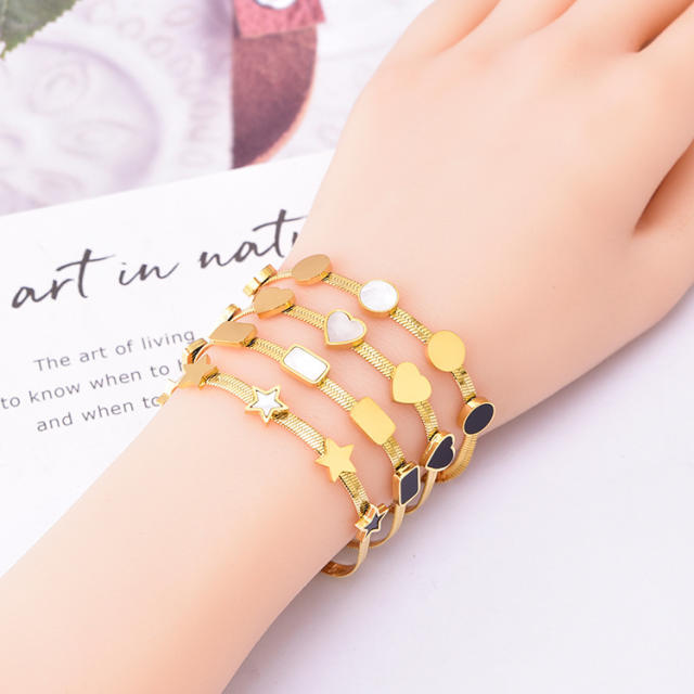 Elegant white shell star square heart snake chain stainless steel bracelet