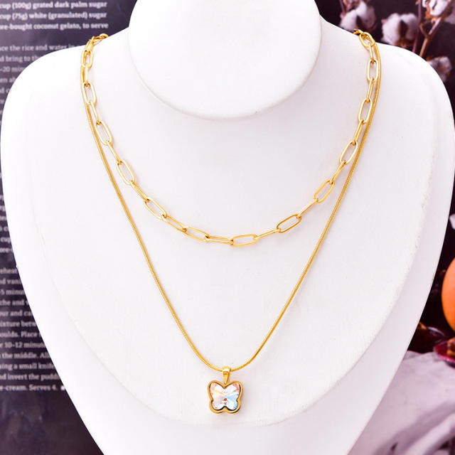 18K cubic zircon butterfly charm stainless steel necklace set