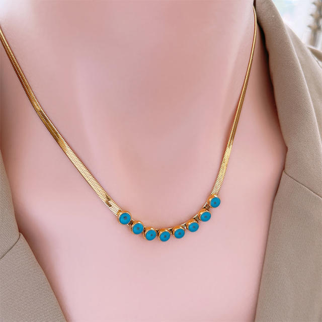 Elegant blue eye bead snake chain stainless steel necklace set