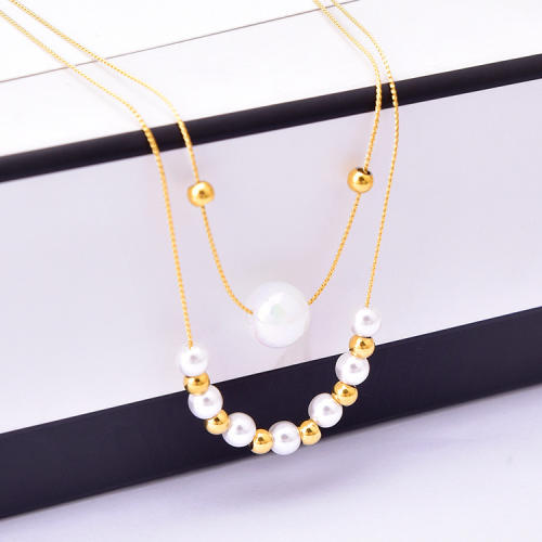 Korean fashion two layer pearl bead stainless steel necklace